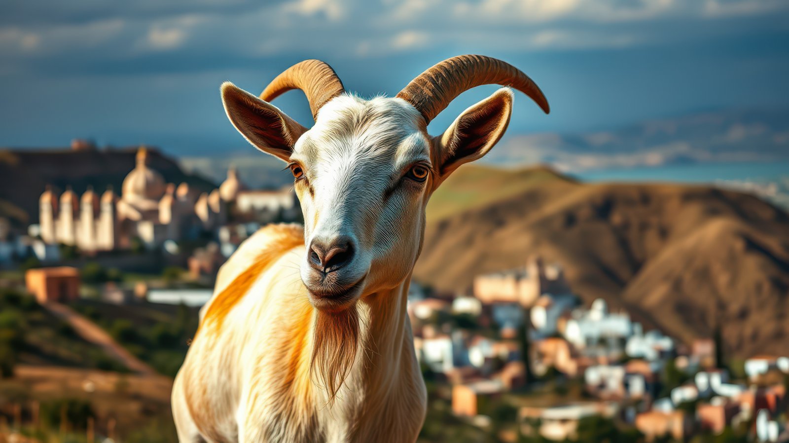 Goat grazing on the hillside overlooking a scenic village during golden hour in a mountainous region
